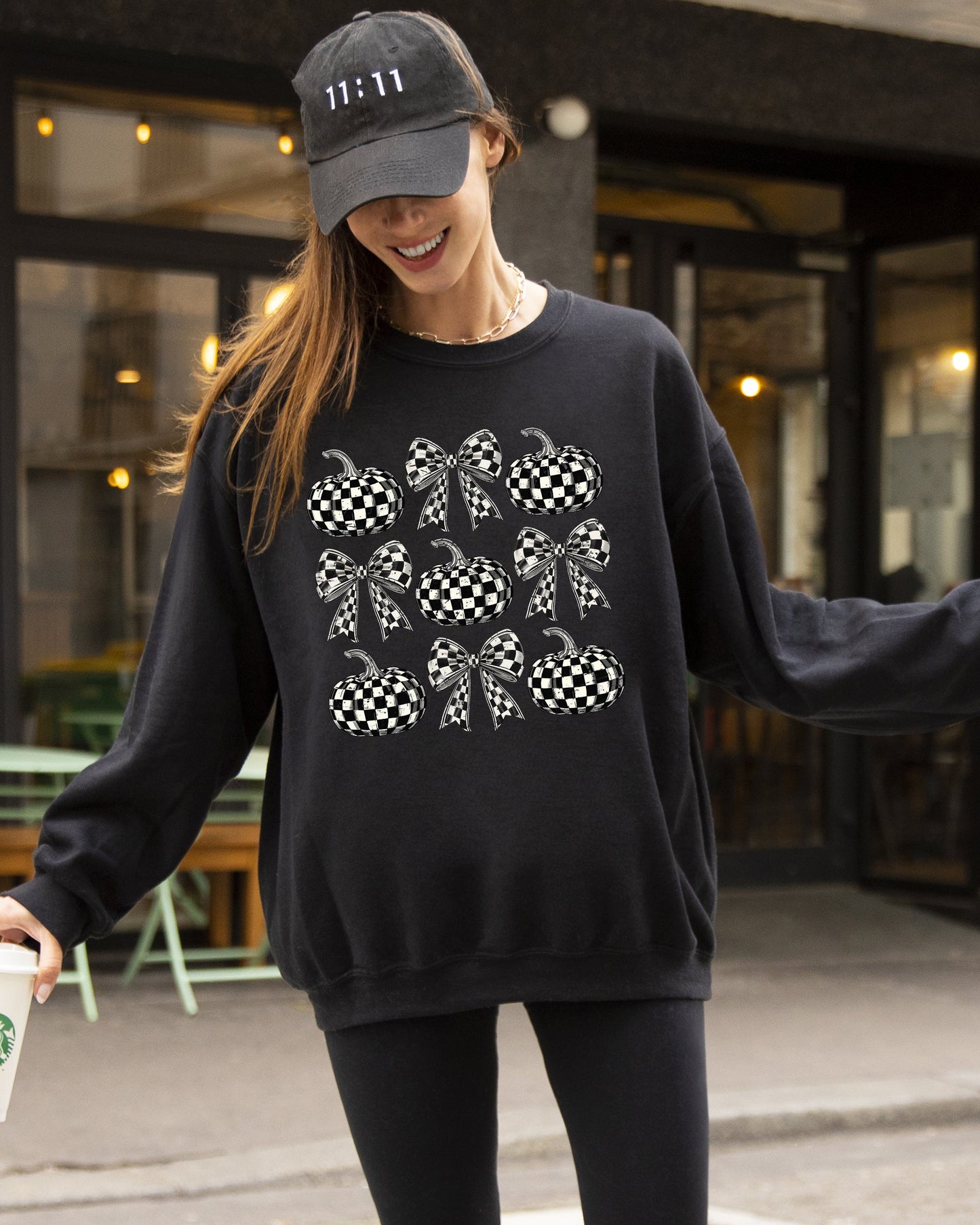 Checkered Retro Pumpkins Coquette Ribbons Bows Fall Sweatshirt