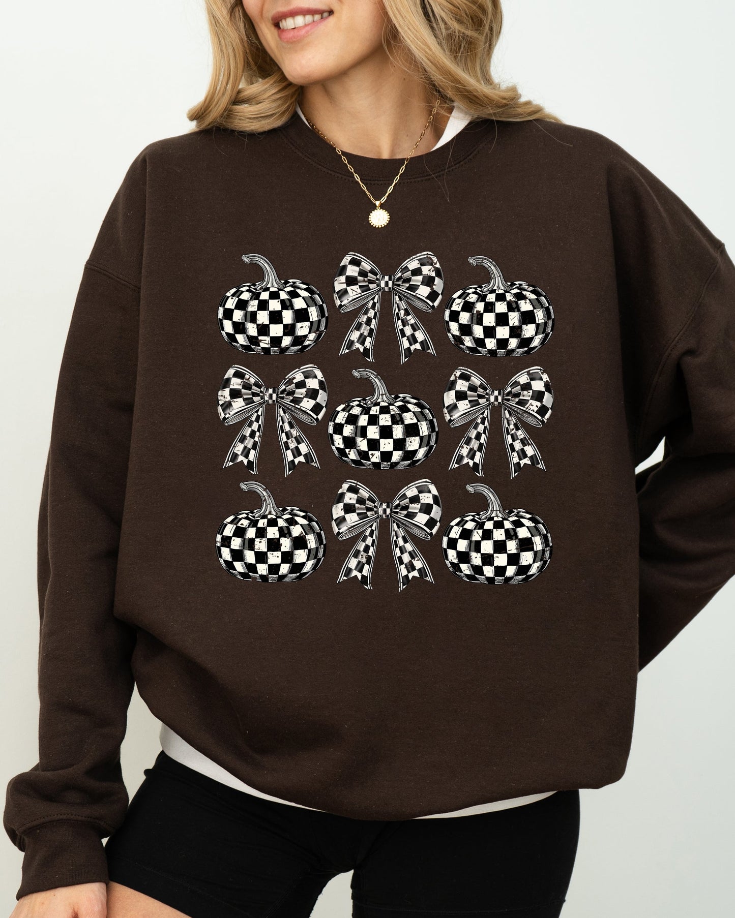 Checkered Retro Pumpkins Coquette Ribbons Bows Fall Sweatshirt