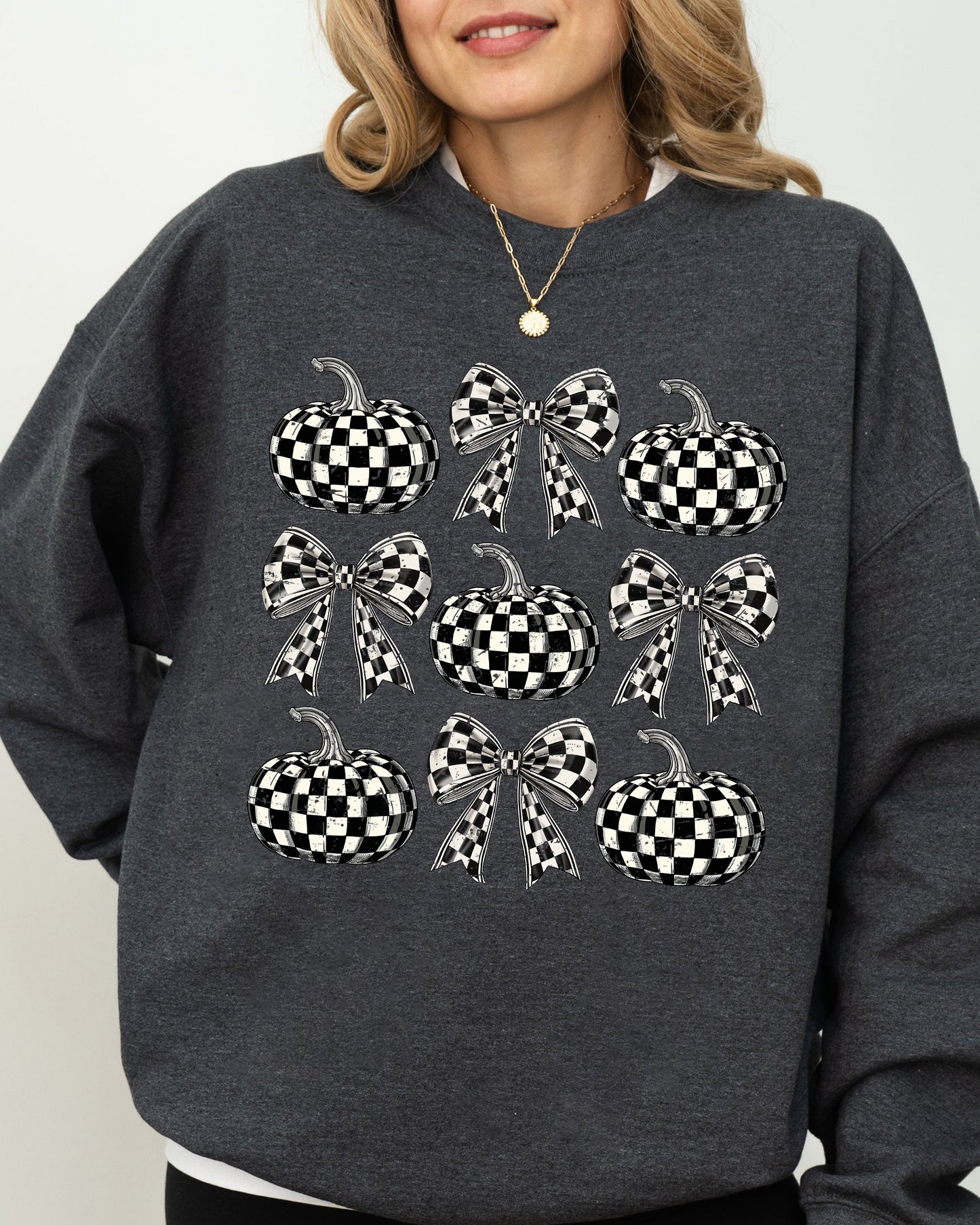 Checkered Retro Pumpkins Coquette Ribbons Bows Fall Sweatshirt