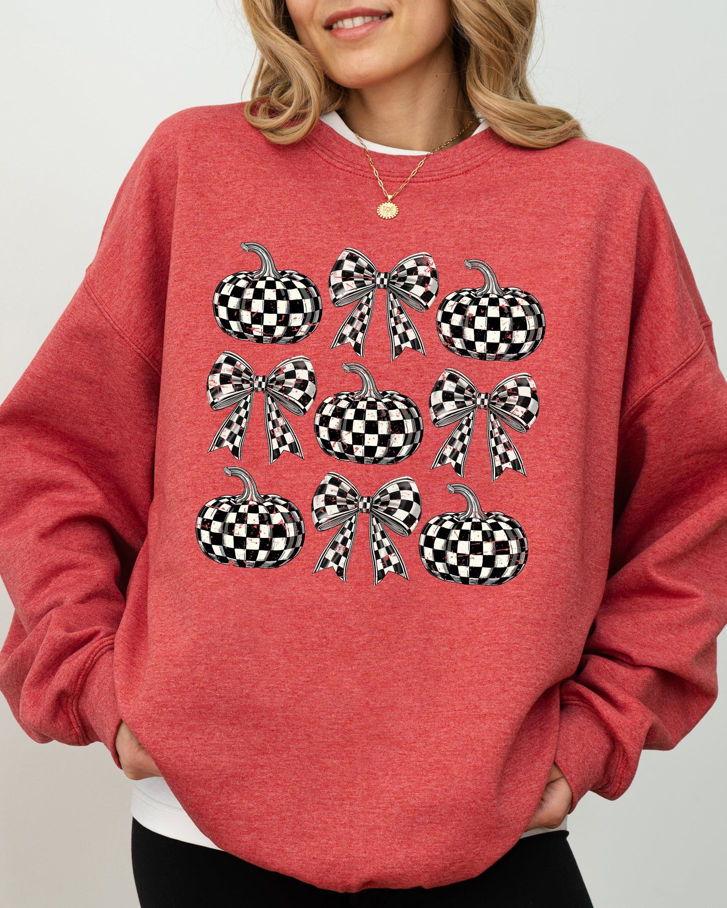 Checkered Retro Pumpkins Coquette Ribbons Bows Fall Sweatshirt