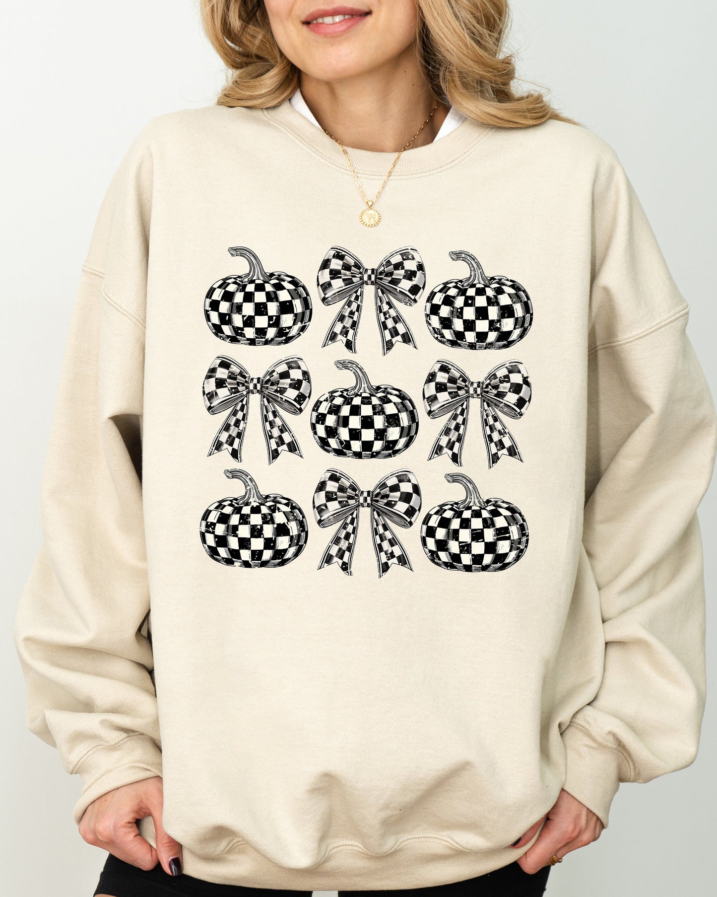 Checkered Retro Pumpkins Coquette Ribbons Bows Fall Sweatshirt