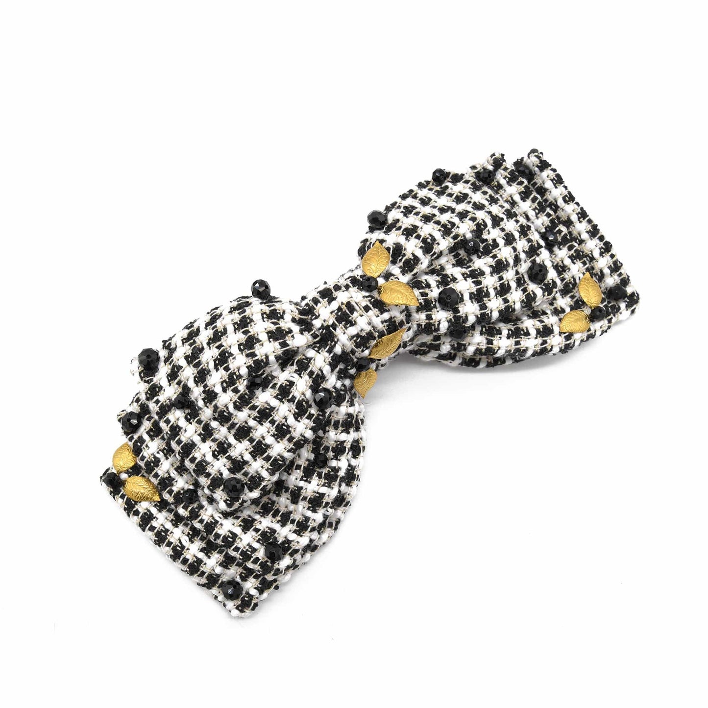 Black and White Tweed Barrette with Beads and Gold Embellishments ADIBA