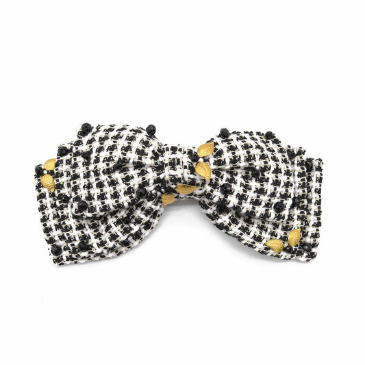 Black and White Tweed Barrette with Beads and Gold Embellishments ADIBA