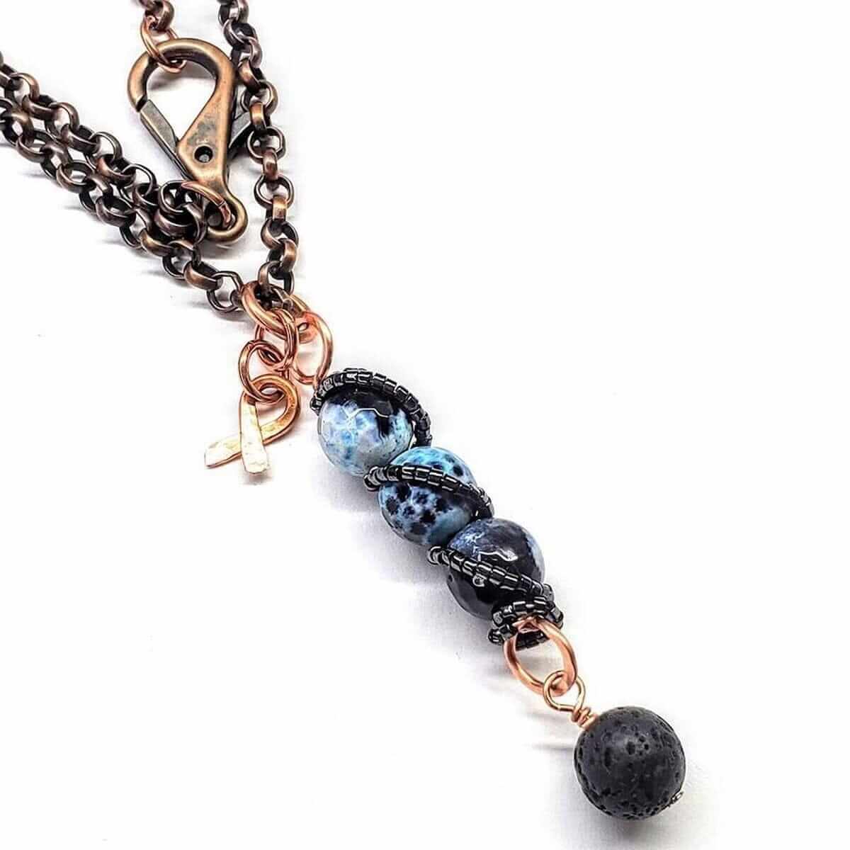 Child Abuse Prevention Awareness Beaded Gemstone Stick Pendant With Lava Rock Bead Charm Necklace