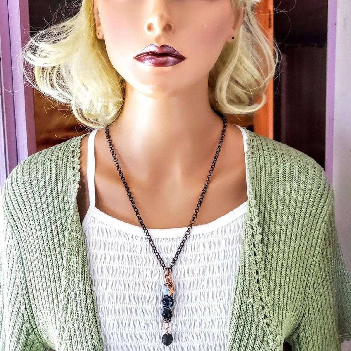 Child Abuse Prevention Awareness Beaded Gemstone Stick Pendant With Lava Rock Bead Charm Necklace