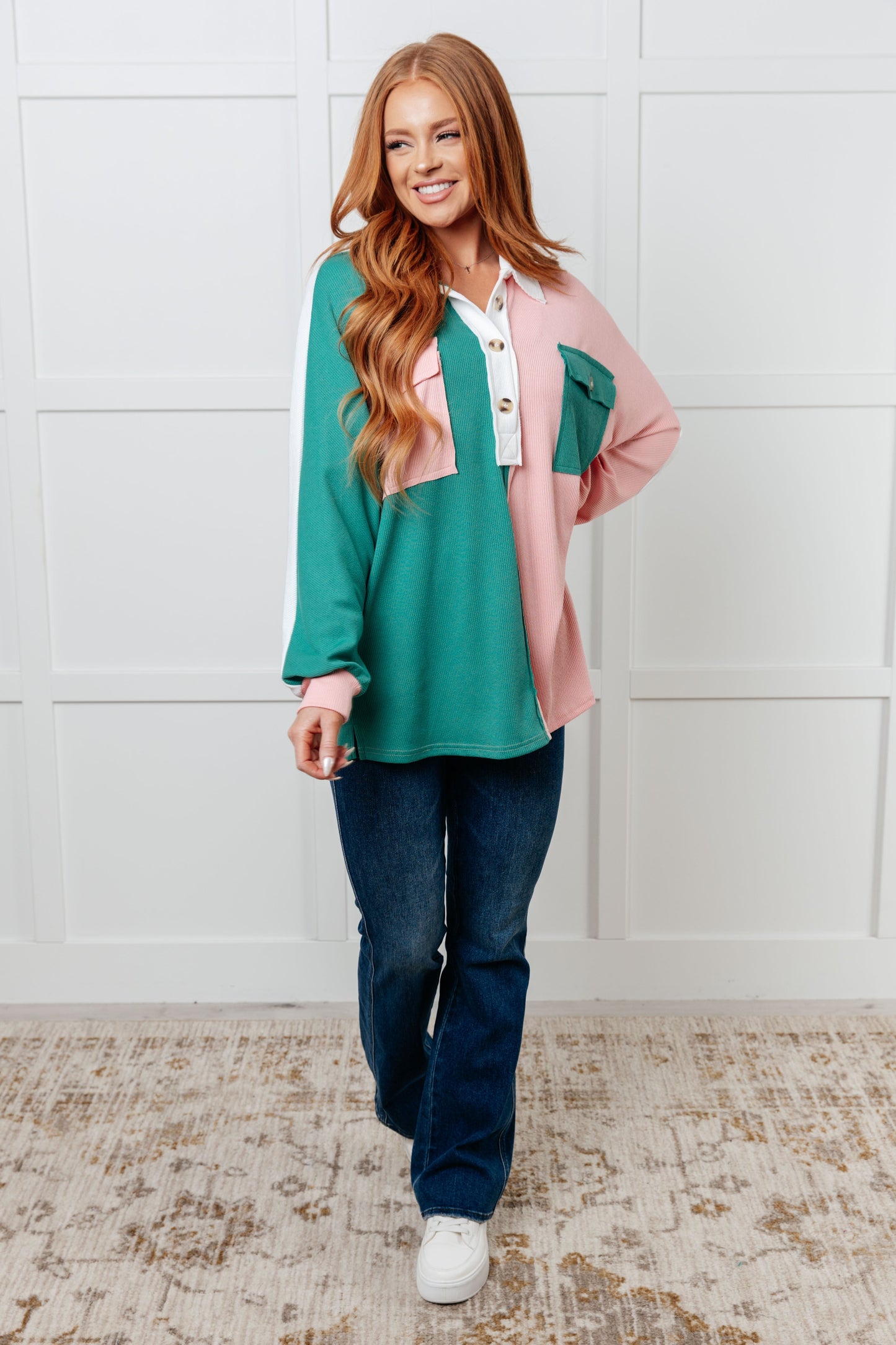 Colorblock Green V-Neck Henley Shirt Chip Off the Old