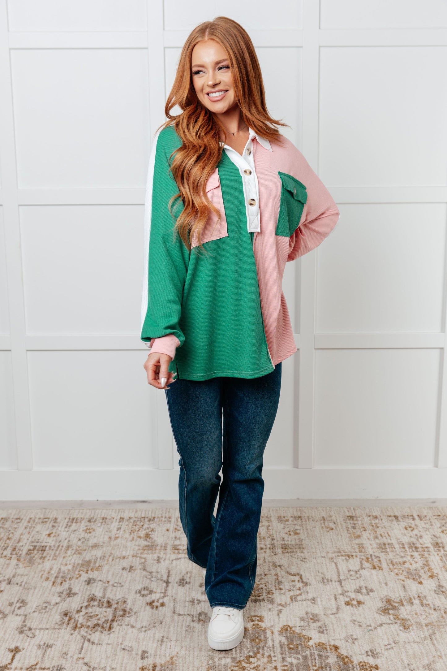Colorblock Green V-Neck Henley Shirt Chip Off the Old