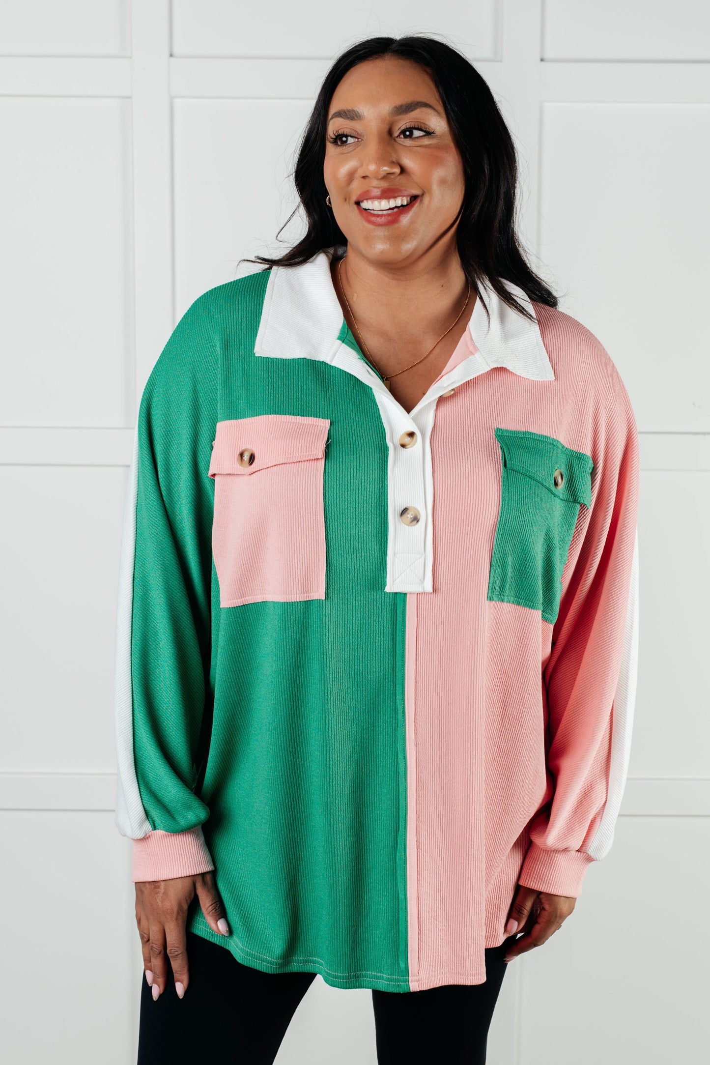 Colorblock Green V-Neck Henley Shirt Chip Off the Old