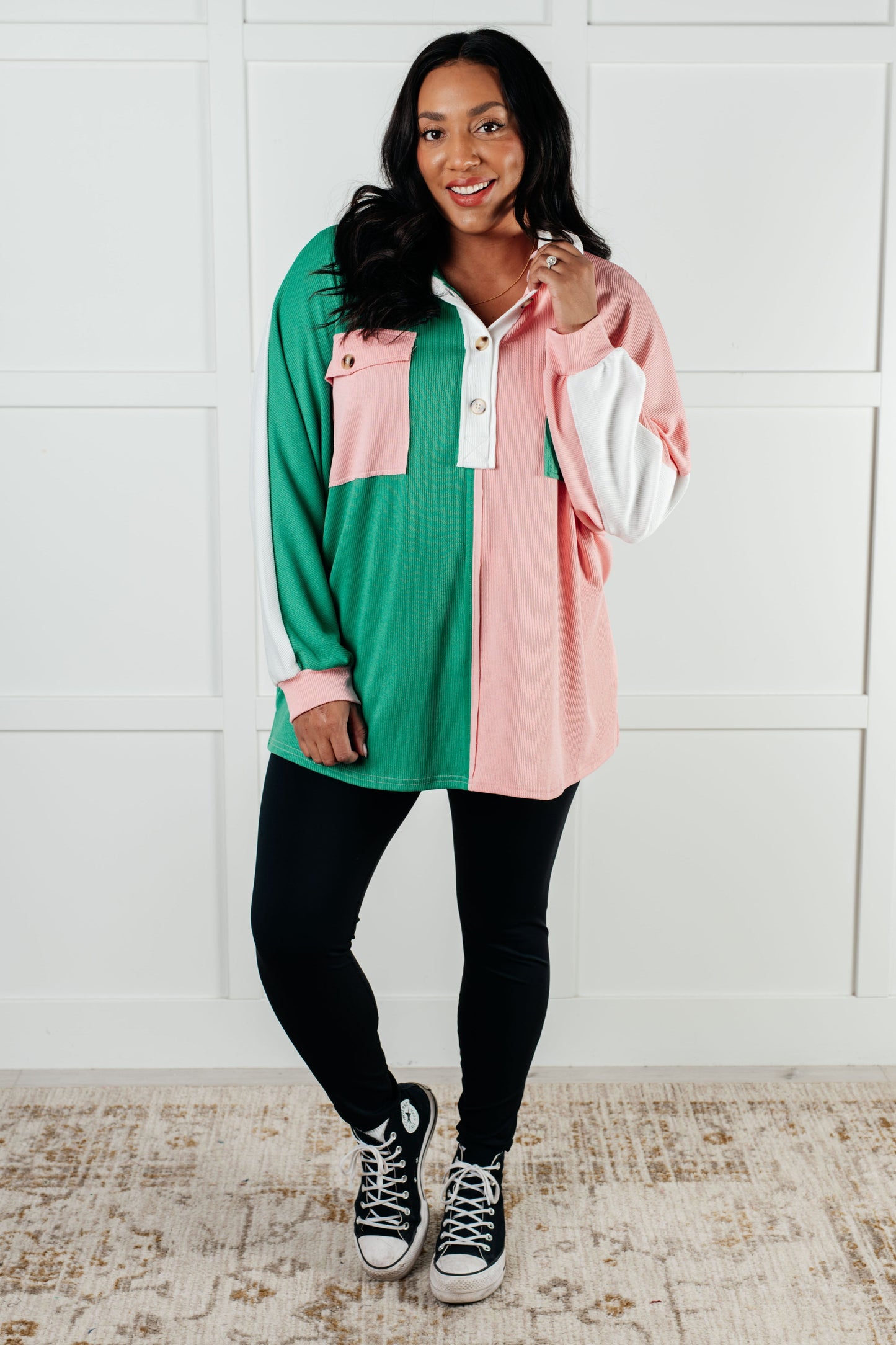Colorblock Green V-Neck Henley Shirt Chip Off the Old