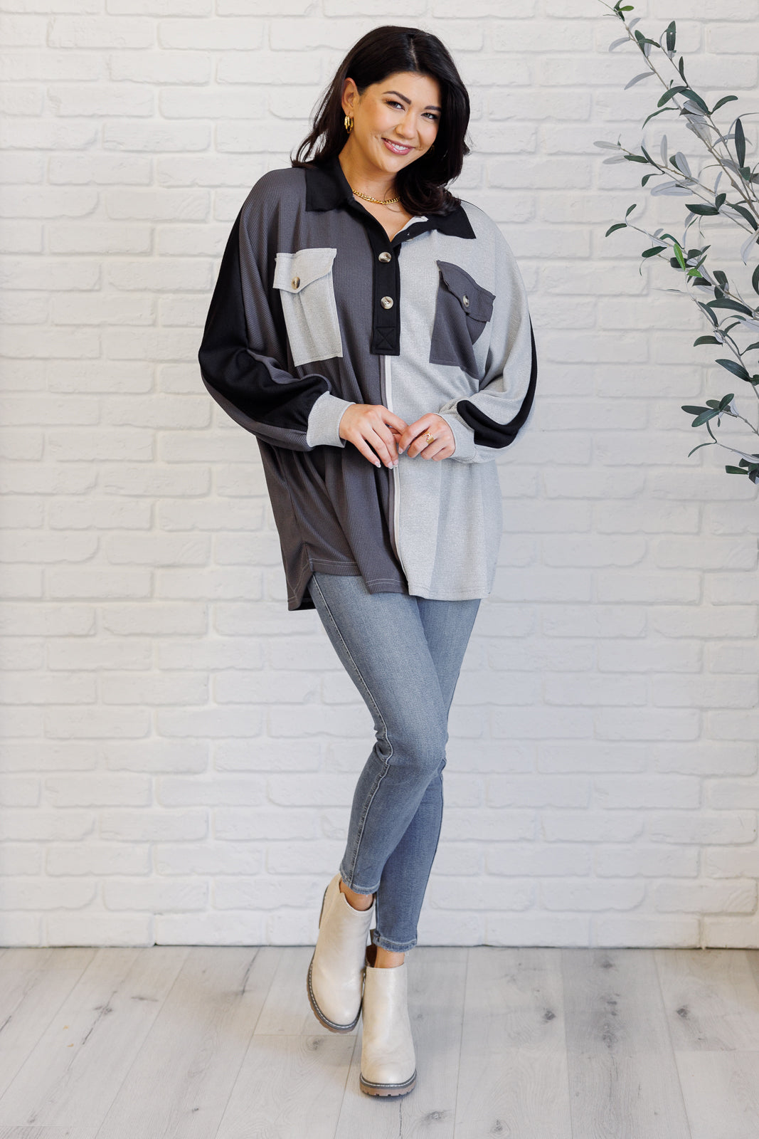 Colorblock V-Neck Henley Grey Chip Off the Old