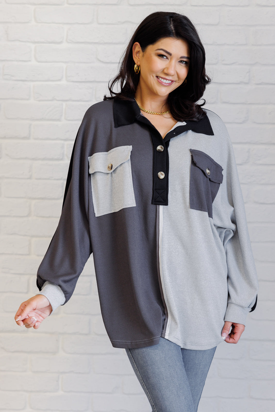 Colorblock V-Neck Henley Grey Chip Off the Old