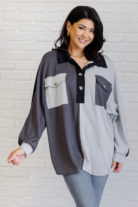 Colorblock V-Neck Henley Grey Chip Off the Old