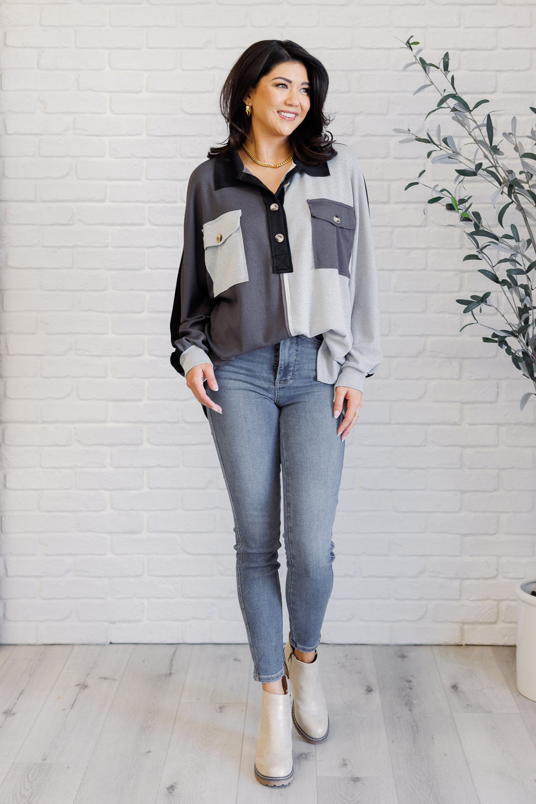Colorblock V-Neck Henley Grey Chip Off the Old