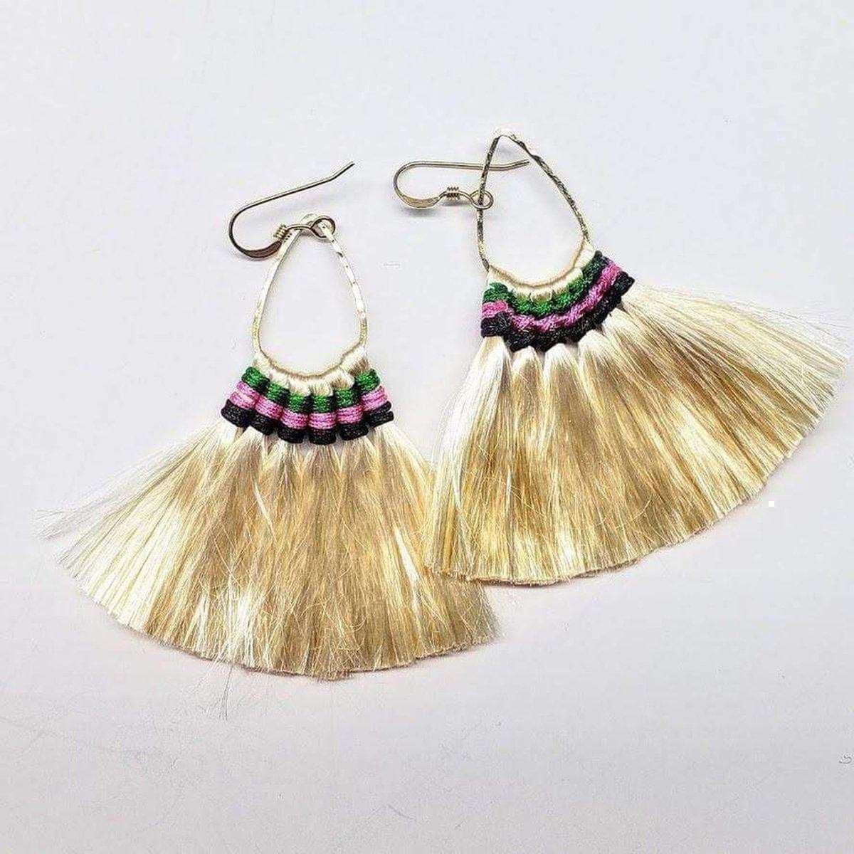 Colored Hawaii Hula Skirt Rayon Silk Fan Tassel Hoop Earrings