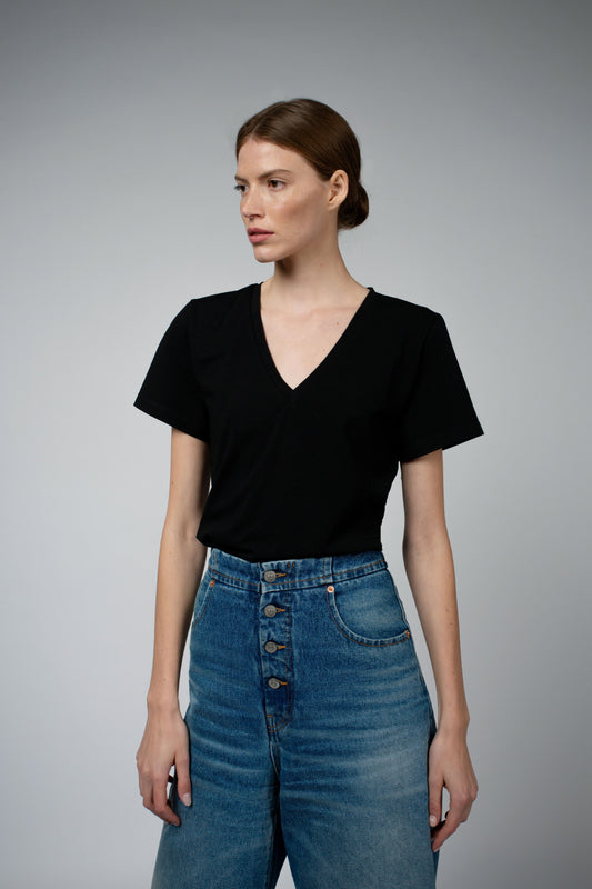 NORA ORGANIC COTTON V-NECK BODYSUIT IN BLACK