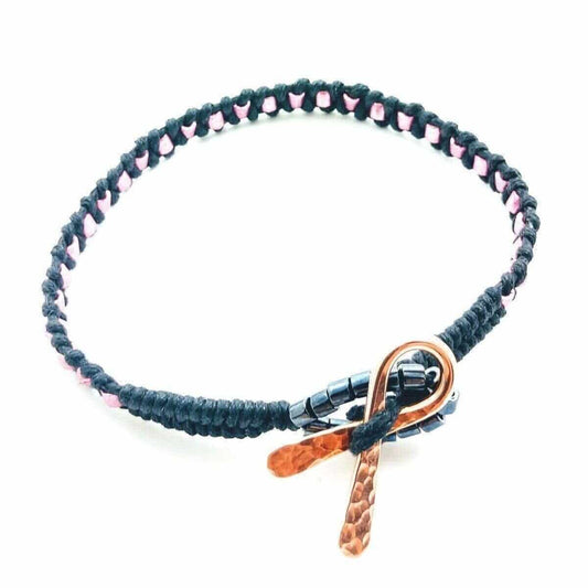 Copper Ribbon Pink Braided Rattle Snake Tail Breast Cancer Bracelet