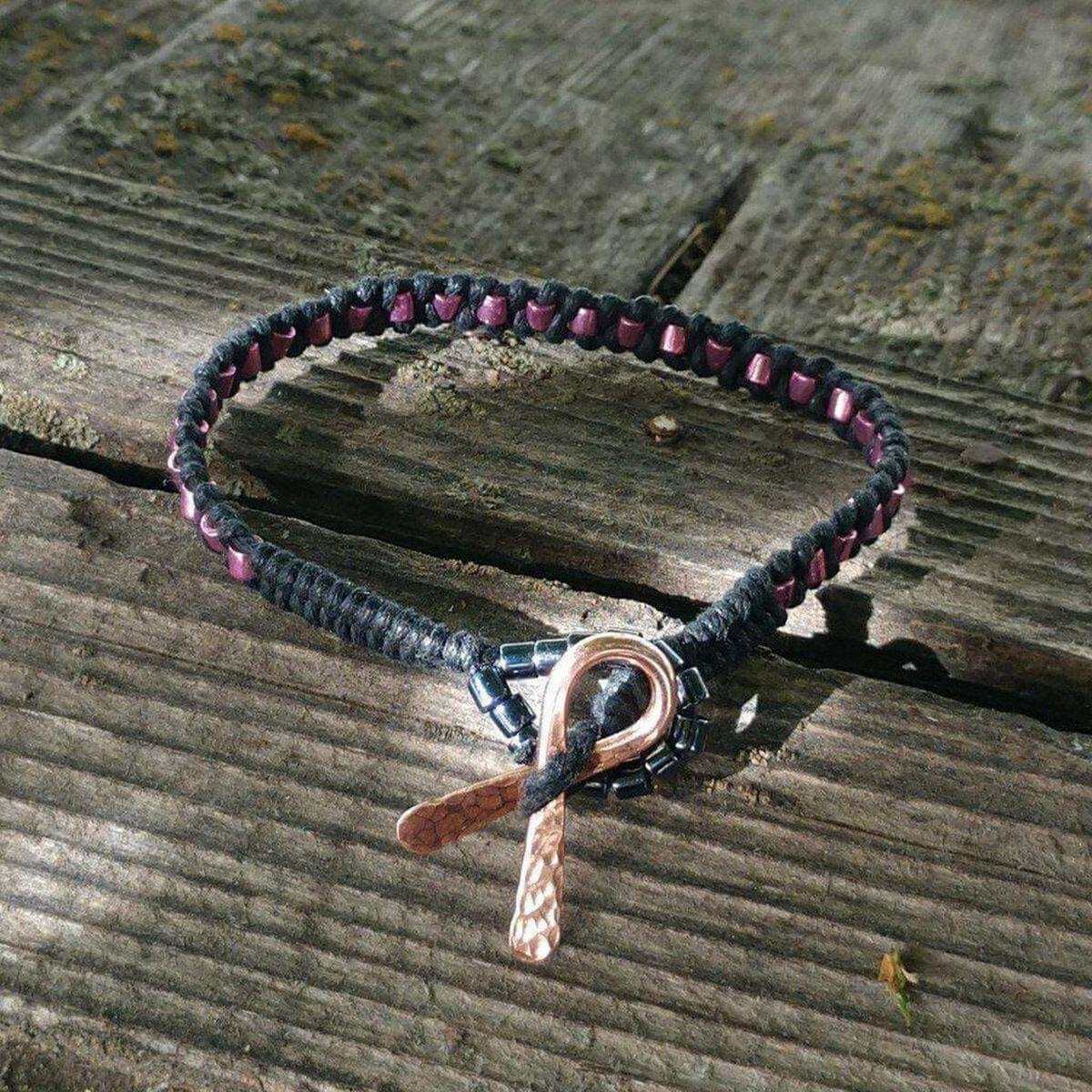 Copper Ribbon Pink Braided Rattle Snake Tail Breast Cancer Bracelet