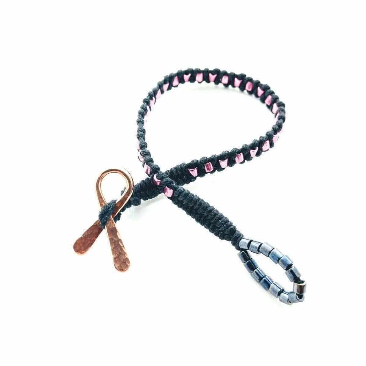 Copper Ribbon Pink Braided Rattle Snake Tail Breast Cancer Bracelet