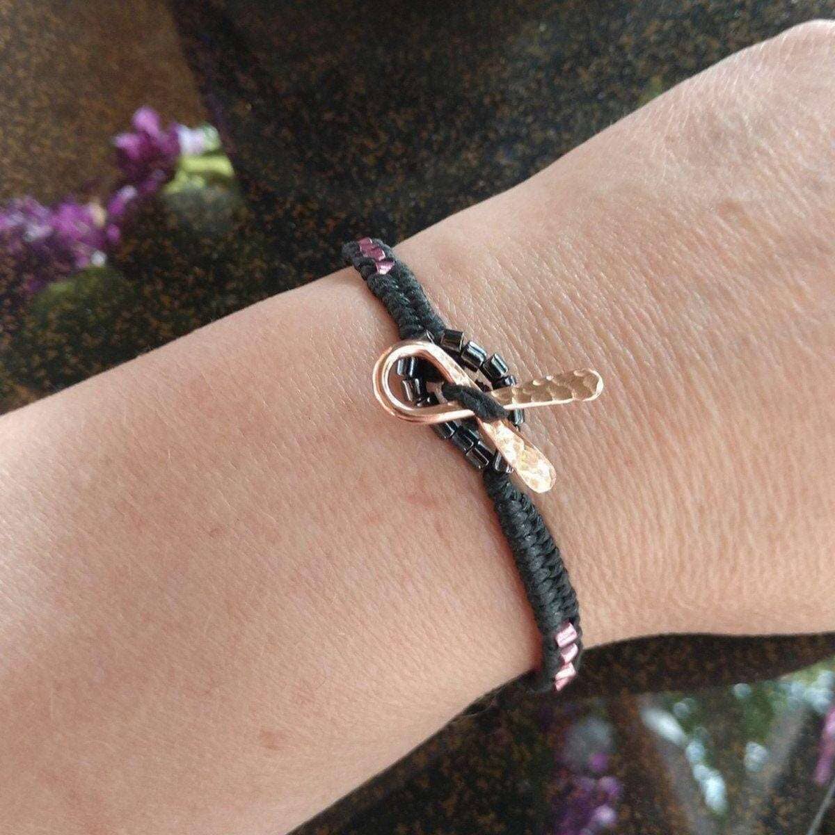 Copper Ribbon Pink Braided Rattle Snake Tail Breast Cancer Bracelet
