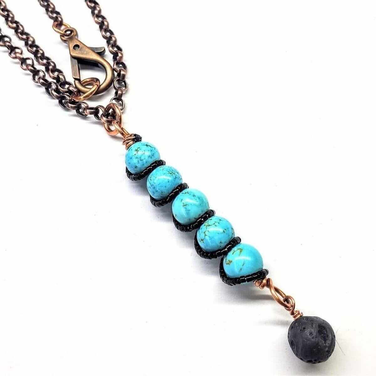 Copper Spiral Turquoise Stick Pendant Essential Oil Lava Rock Bead Charm