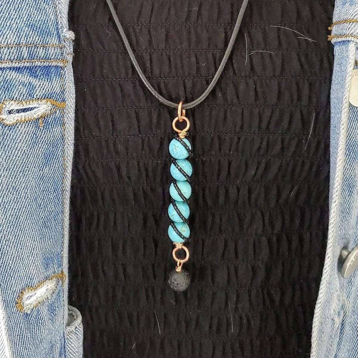 Copper Spiral Turquoise Stick Pendant Essential Oil Lava Rock Bead Charm
