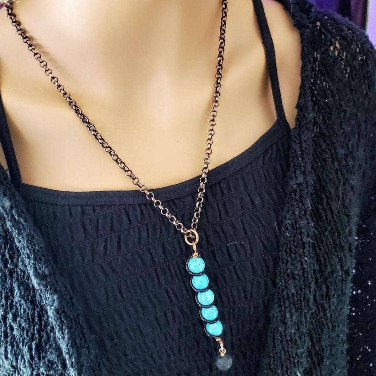 Copper Spiral Turquoise Stick Pendant Essential Oil Lava Rock Bead Charm