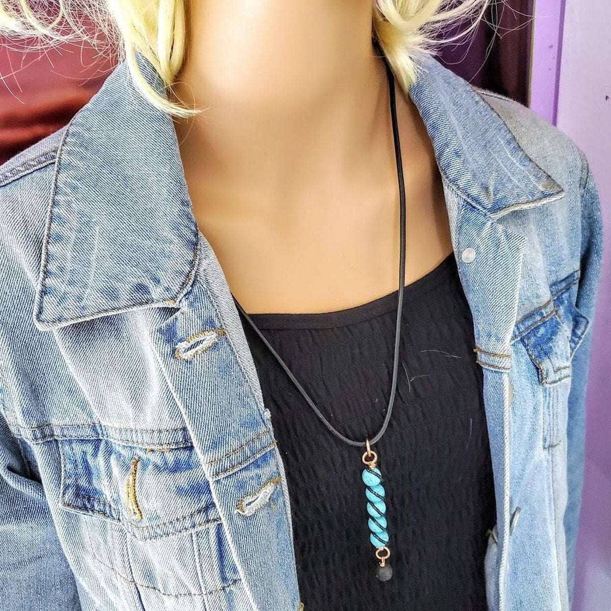 Copper Spiral Turquoise Stick Pendant Essential Oil Lava Rock Bead Charm