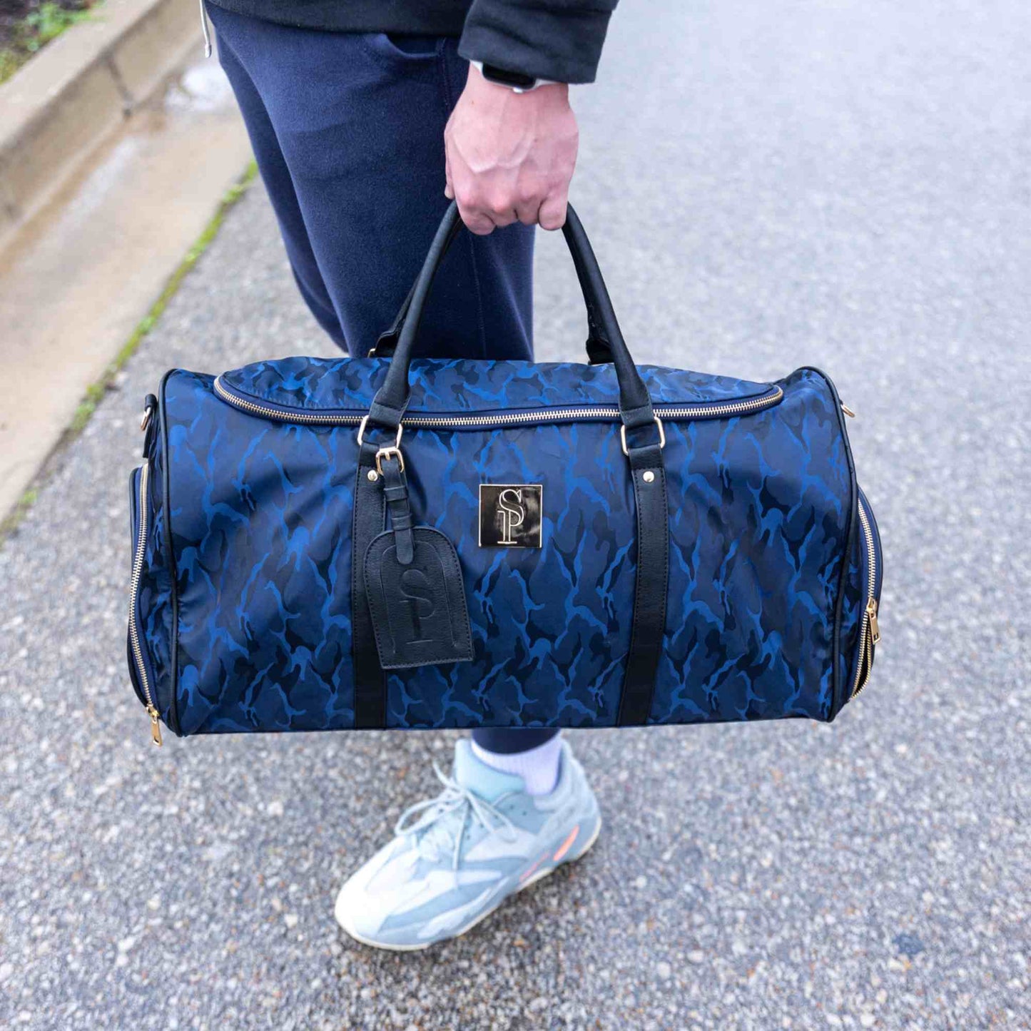 Blue Camo Nylon Weekender Duffle Bag