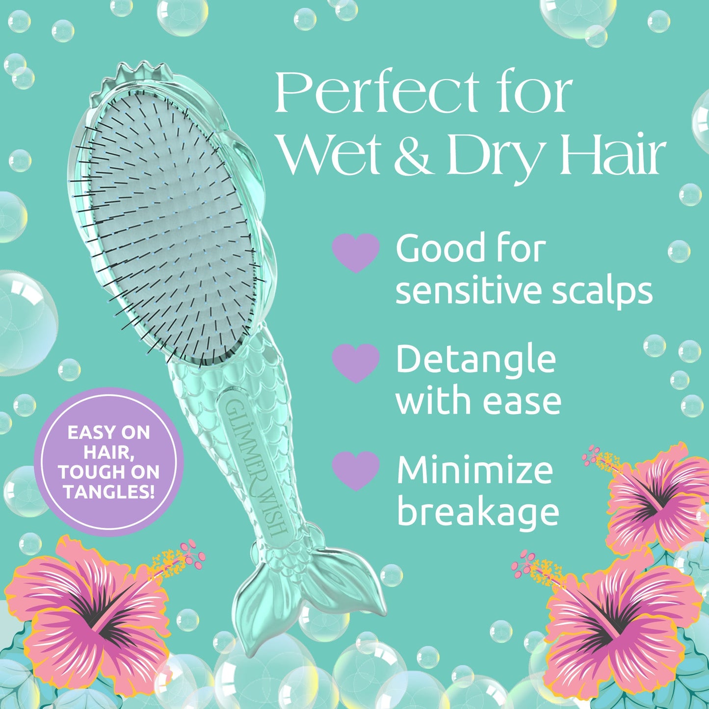 Mermaid Detangling Hair Brush Long Flexible Bristles Glimmer Wish