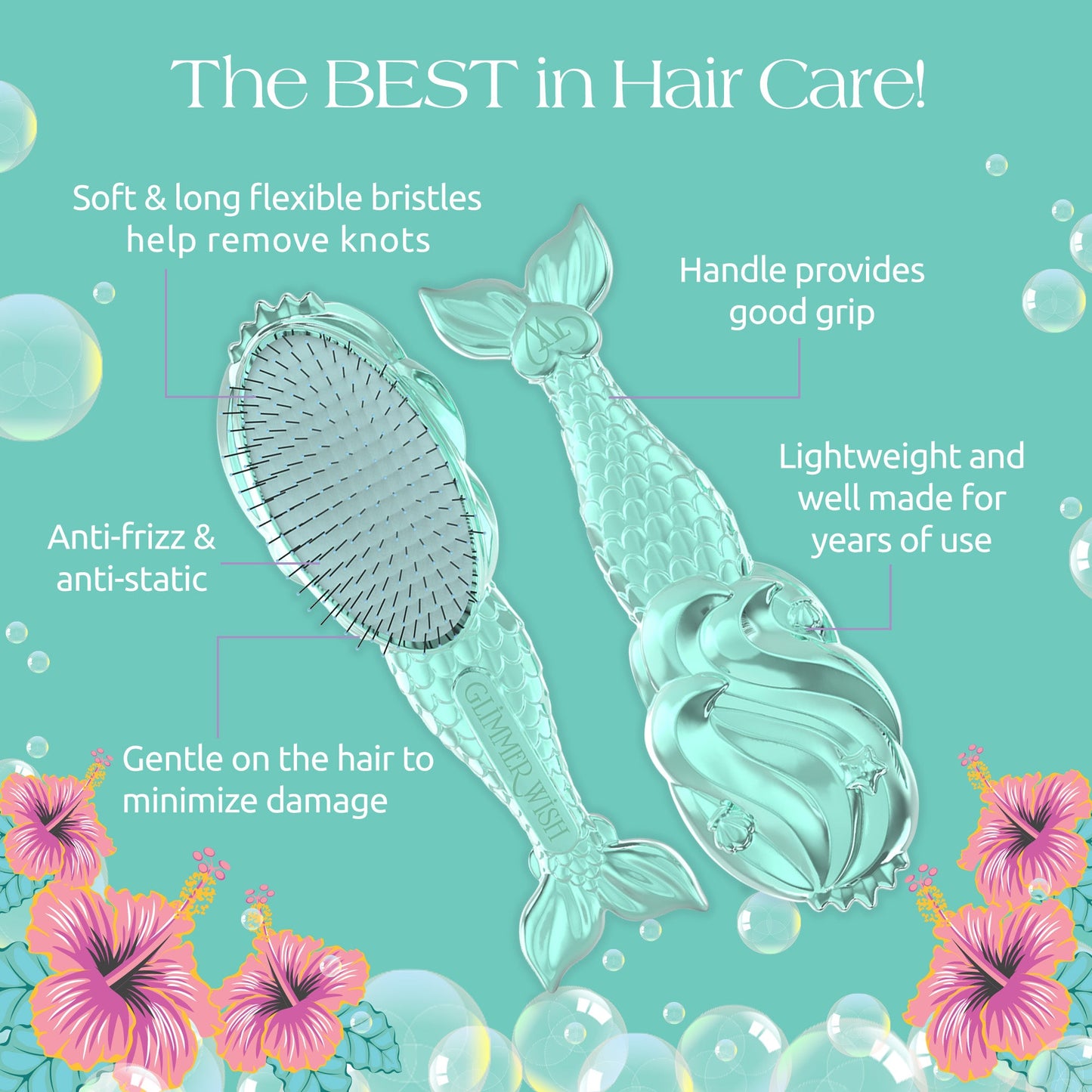 Mermaid Detangling Hair Brush Long Flexible Bristles Glimmer Wish