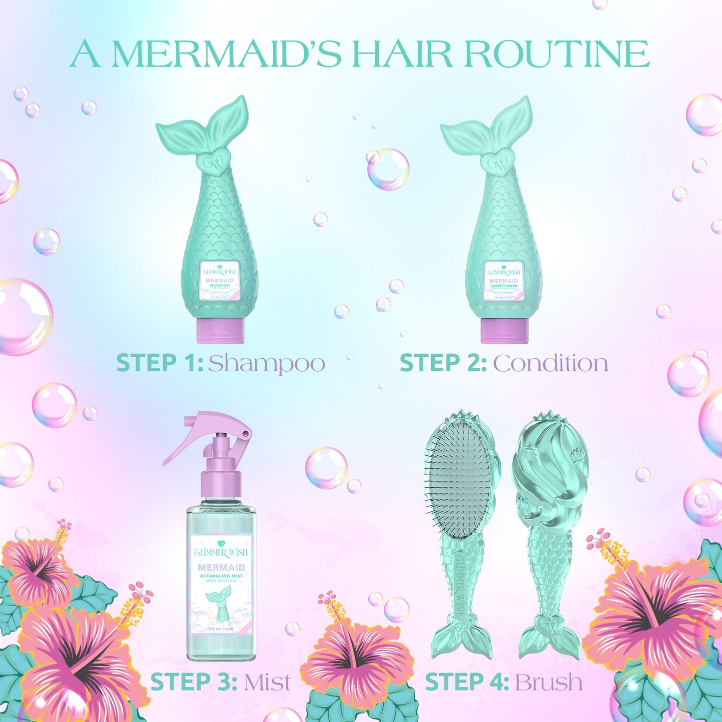Mermaid Detangling Hair Brush Long Flexible Bristles Glimmer Wish