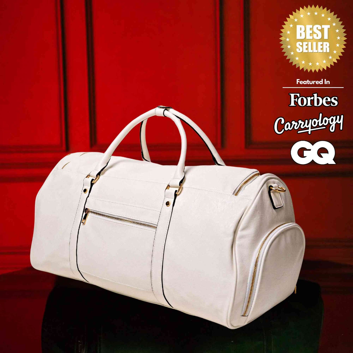 White Leather Luxury Weekender Duffle Bag