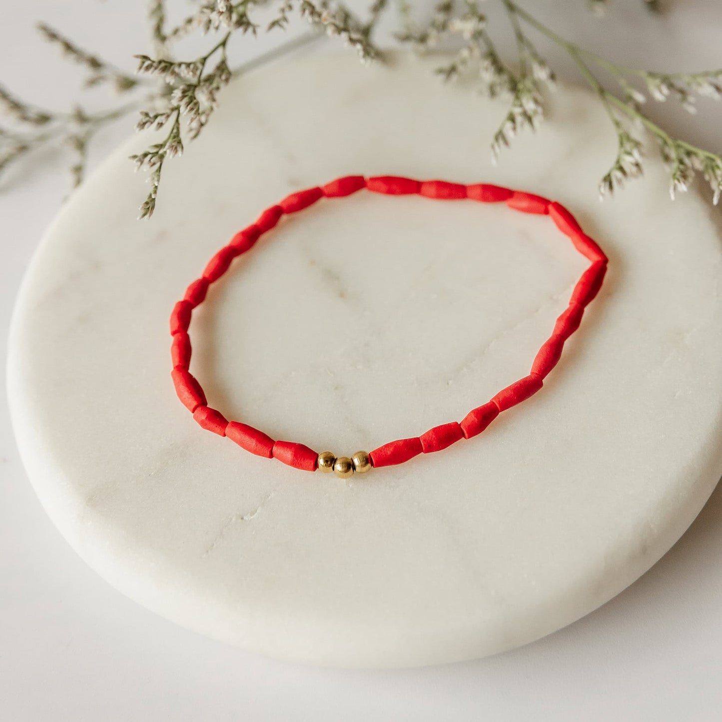 Red Coral Stone Bead Bracelet Gold-Plated Accents Bracelet Sela Designs