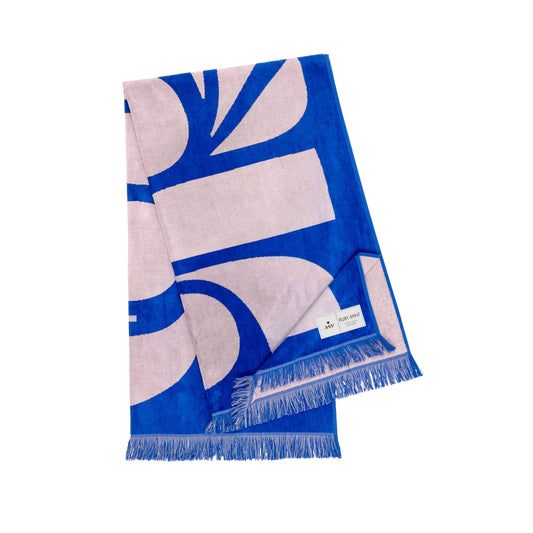 Corfu Blue and Pink Print Fringed Hem Cotton Towel