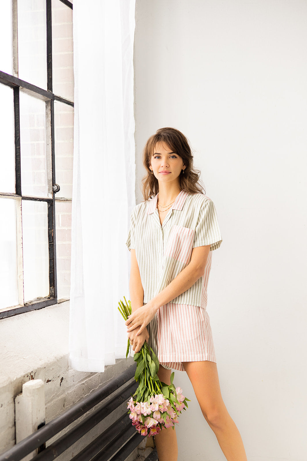 Cropped Button Down High Waisted Color Block Shorties 100% Cotton