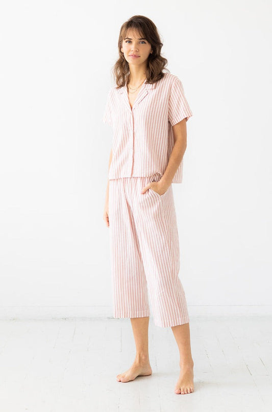 Striped Button Down Cropped Top with High Waisted Capri Pants