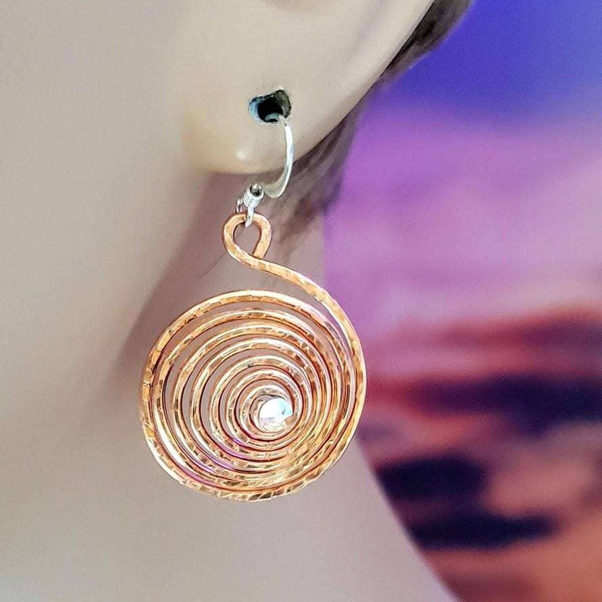 Copper Crystal Embedded Spiral Hoop Earrings