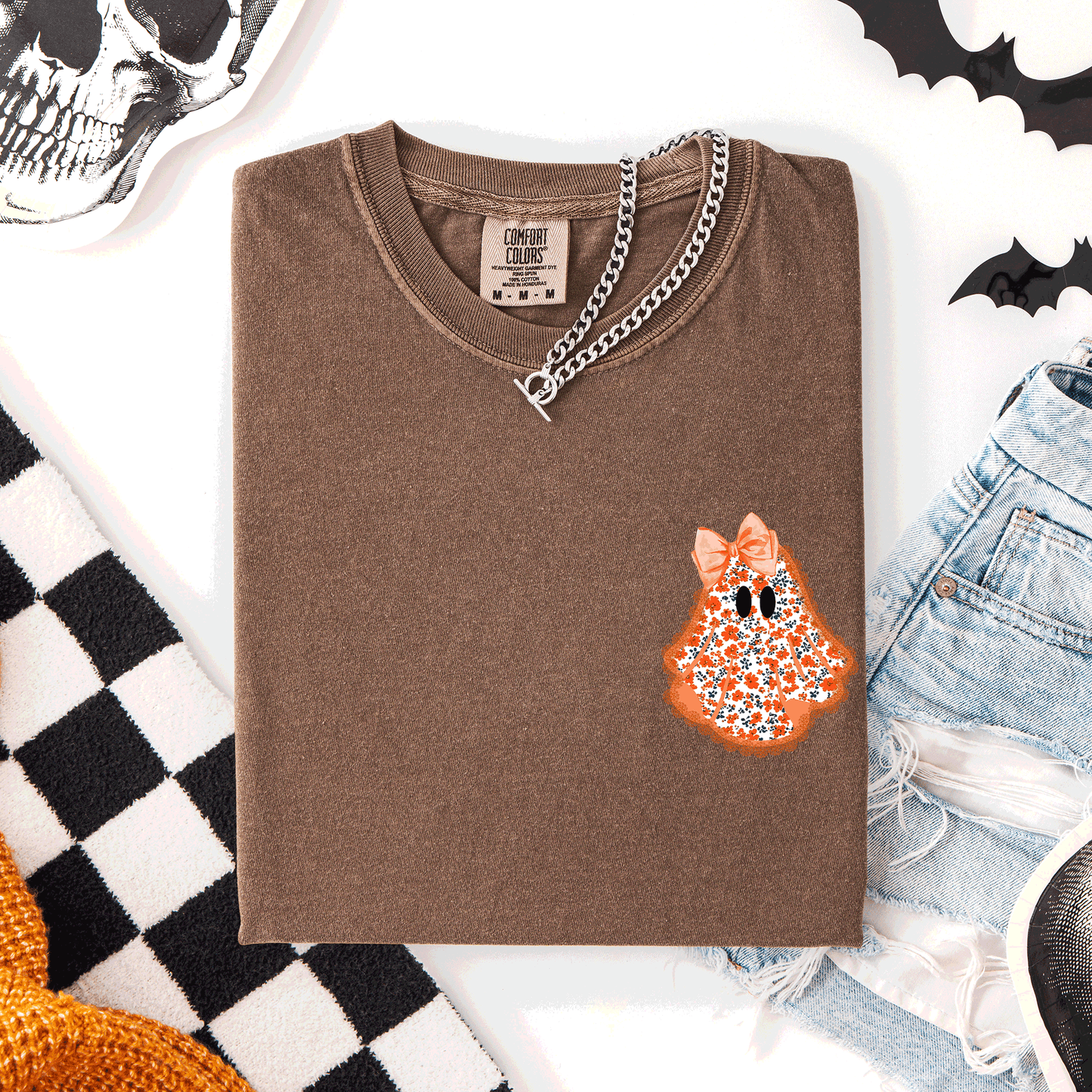 Halloween Faux Lace Ghost Pocket Comfort Colors T-Shirt Refinery Number One