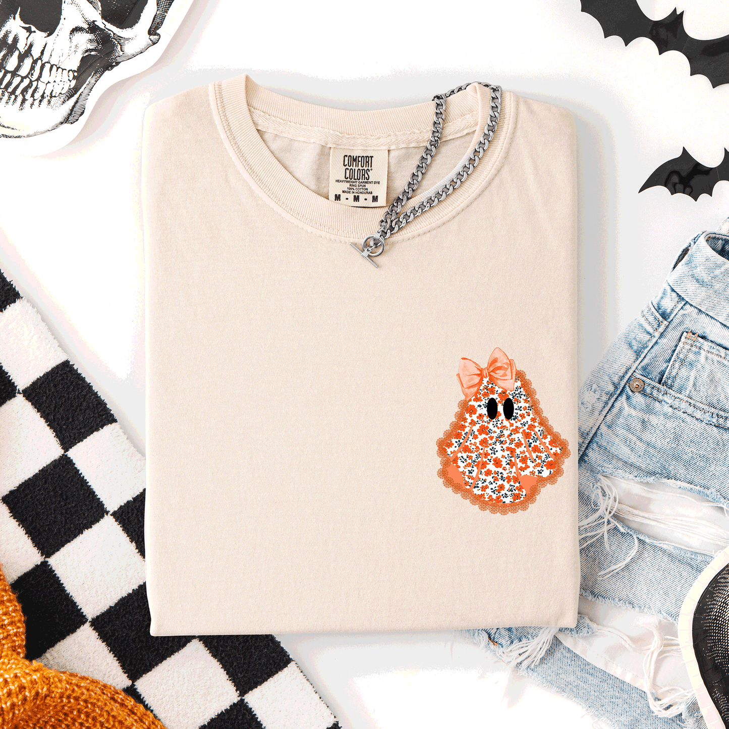 Halloween Faux Lace Ghost Pocket Comfort Colors T-Shirt Refinery Number One