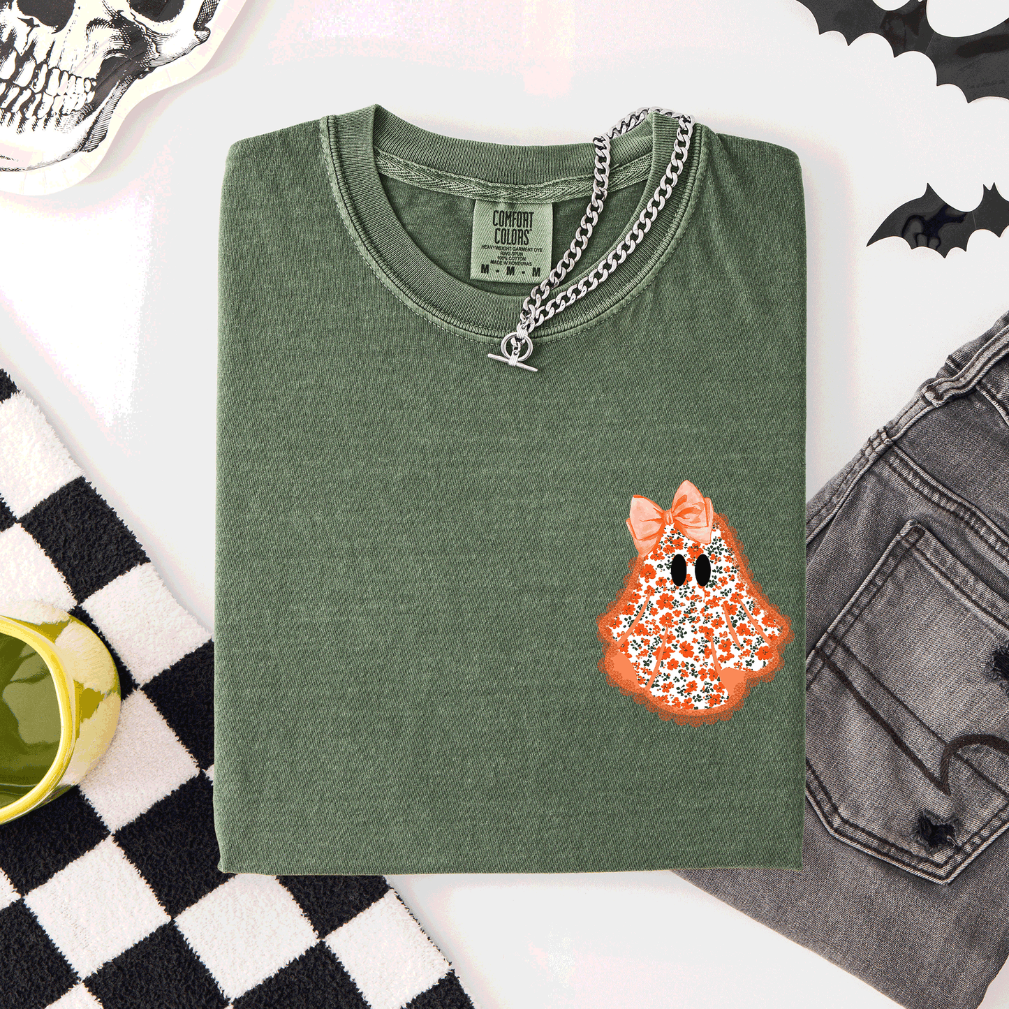 Halloween Faux Lace Ghost Pocket Comfort Colors T-Shirt Refinery Number One