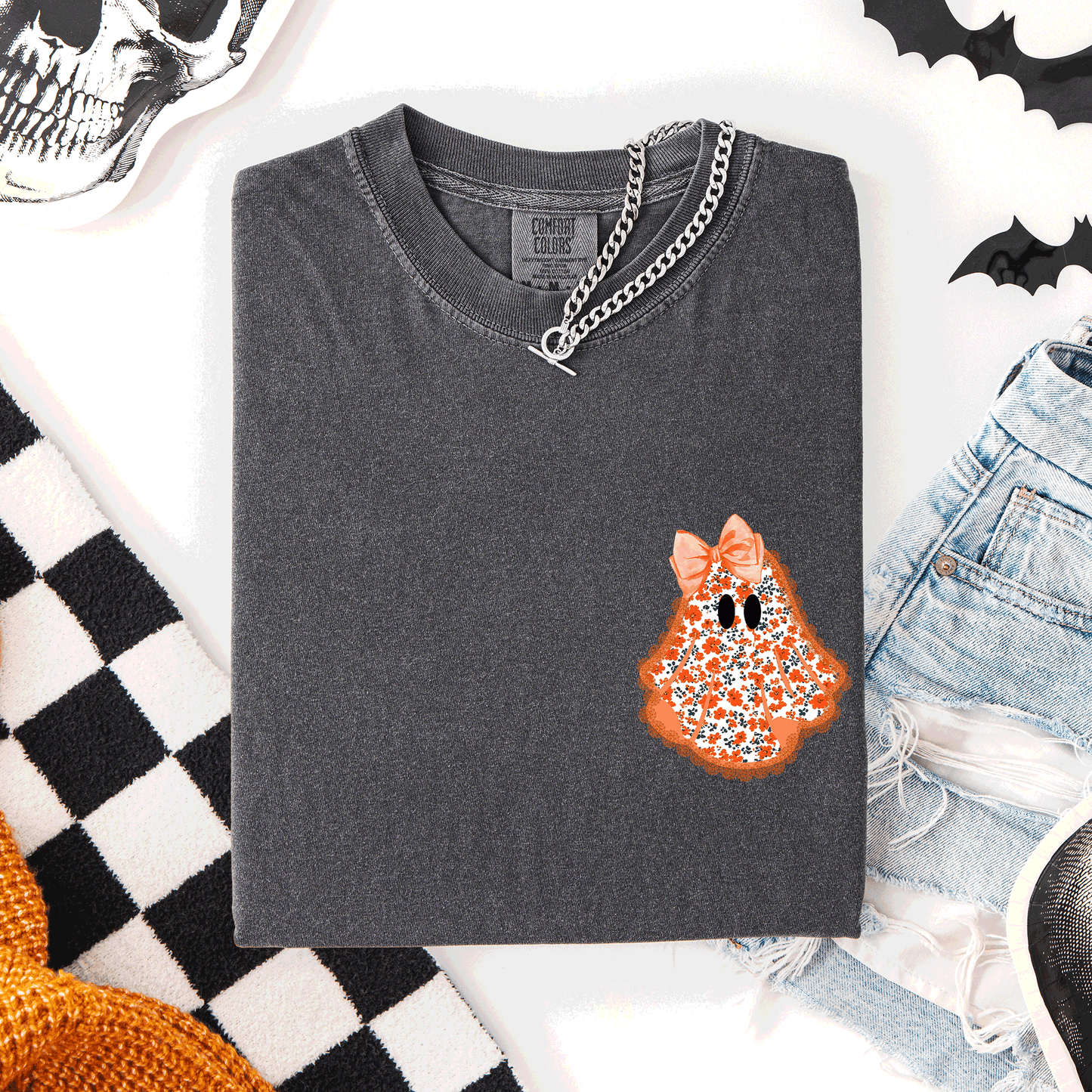 Halloween Faux Lace Ghost Pocket Comfort Colors T-Shirt Refinery Number One