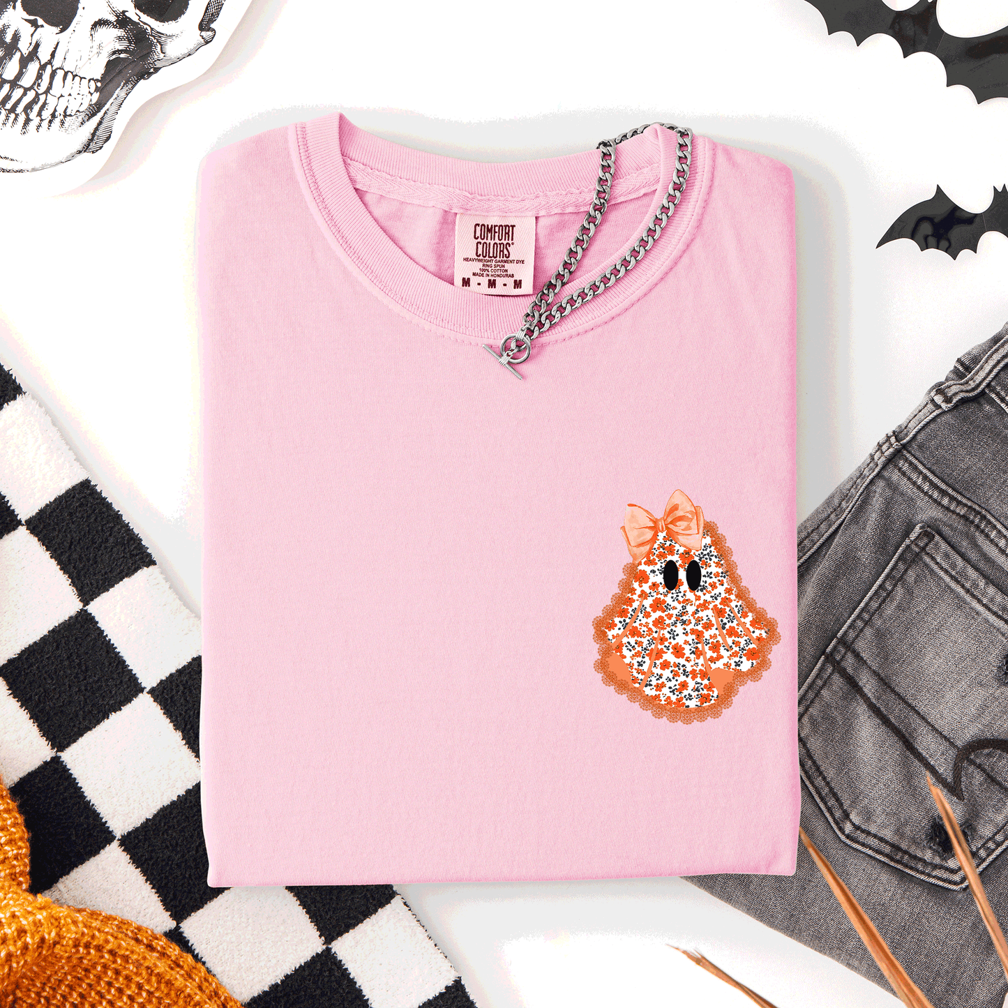 Halloween Faux Lace Ghost Pocket Comfort Colors T-Shirt Refinery Number One