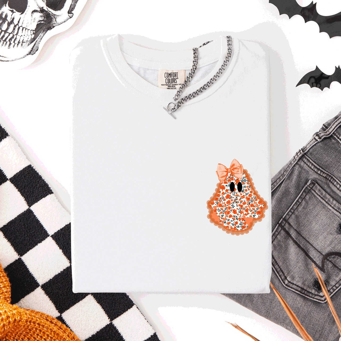 Halloween Faux Lace Ghost Pocket Comfort Colors T-Shirt Refinery Number One