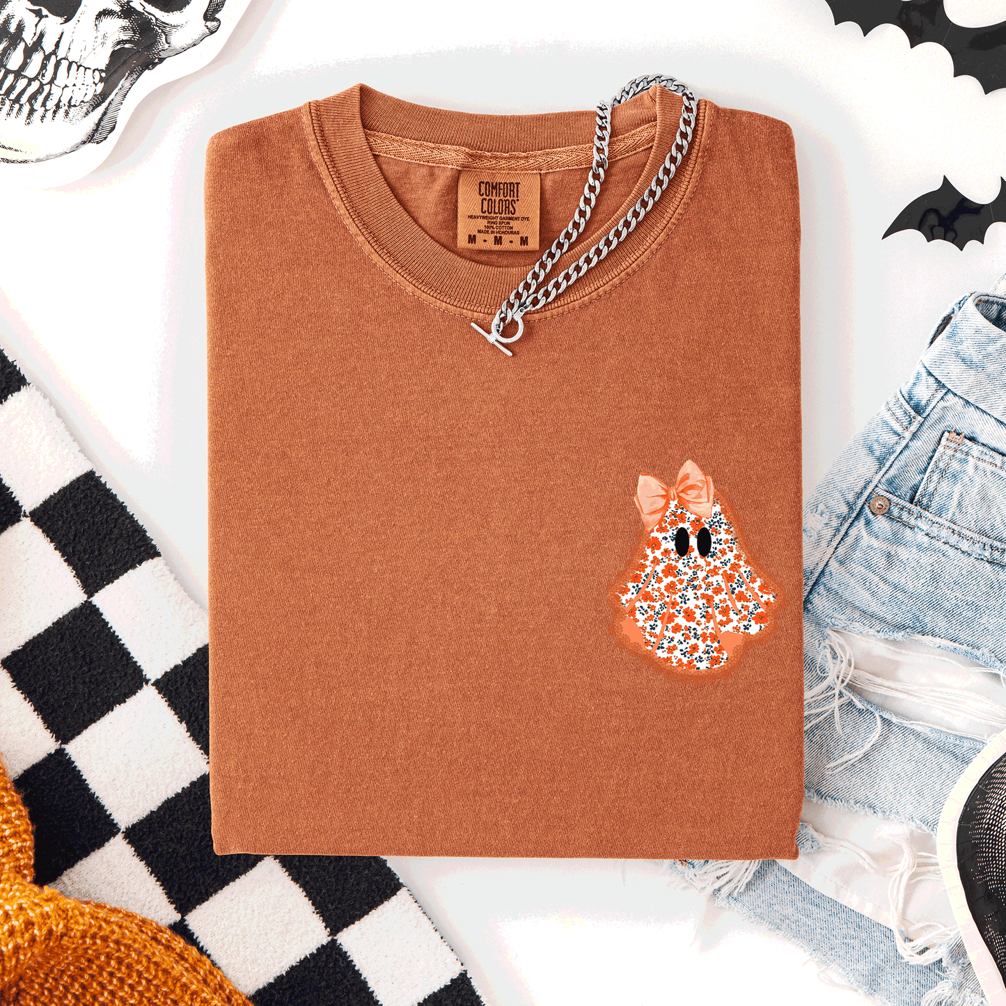 Halloween Faux Lace Ghost Pocket Comfort Colors T-Shirt Refinery Number One