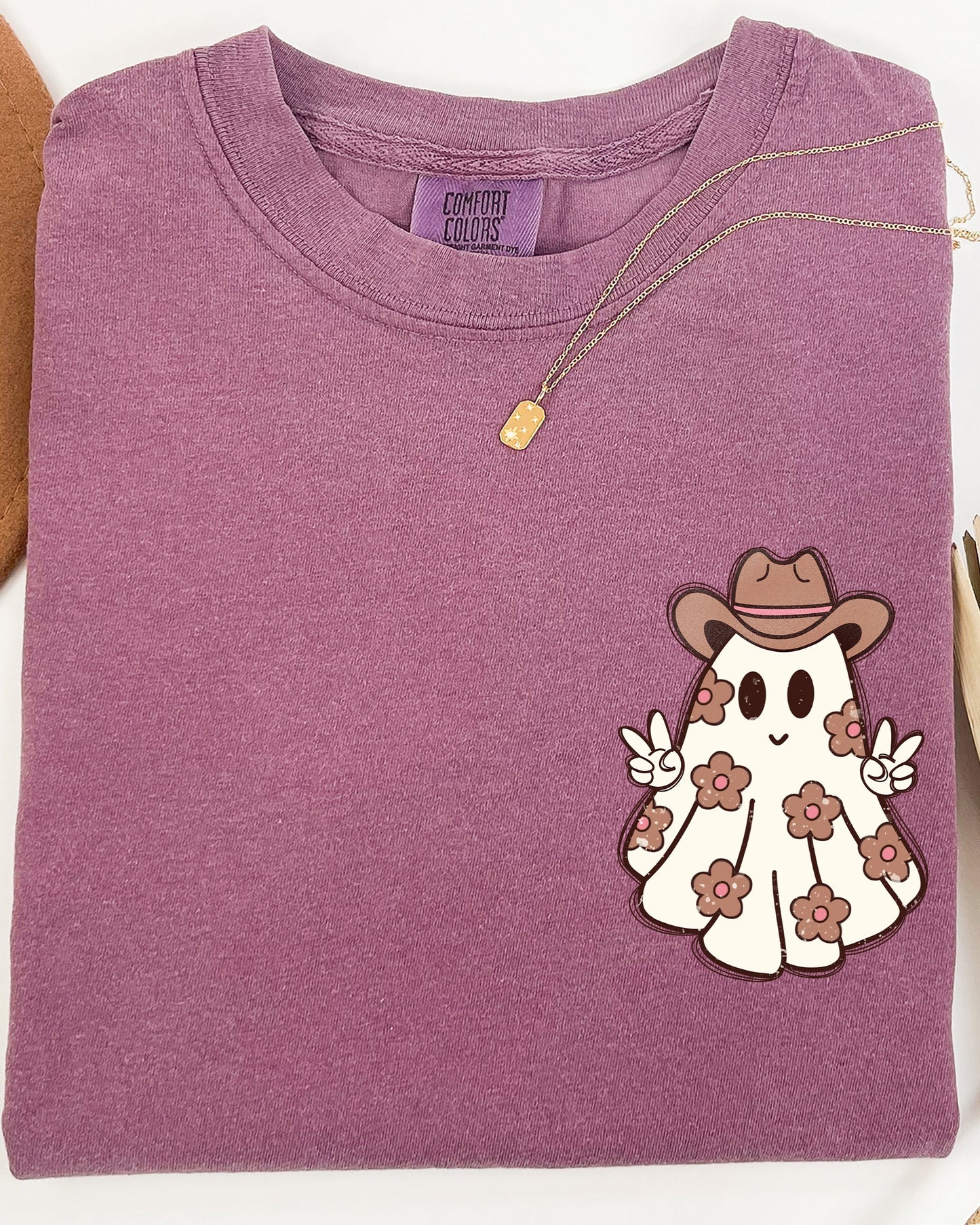 Cute Flower Ghost Cowboy Cowgirl Pocket Print Halloween Peace Shirt Comfort Colors T-Shirt