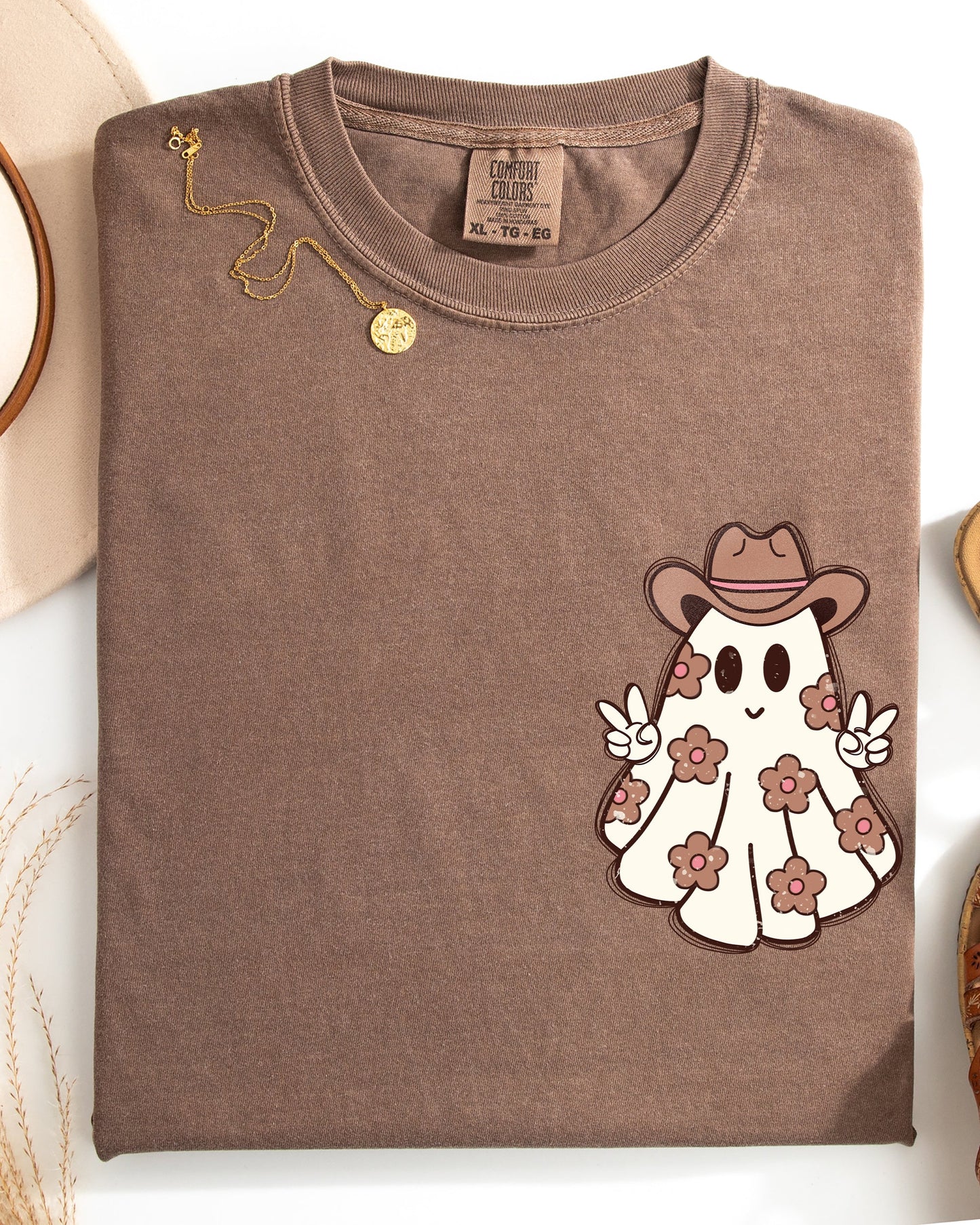 Cute Flower Ghost Cowboy Cowgirl Pocket Print Halloween Peace Shirt Comfort Colors T-Shirt