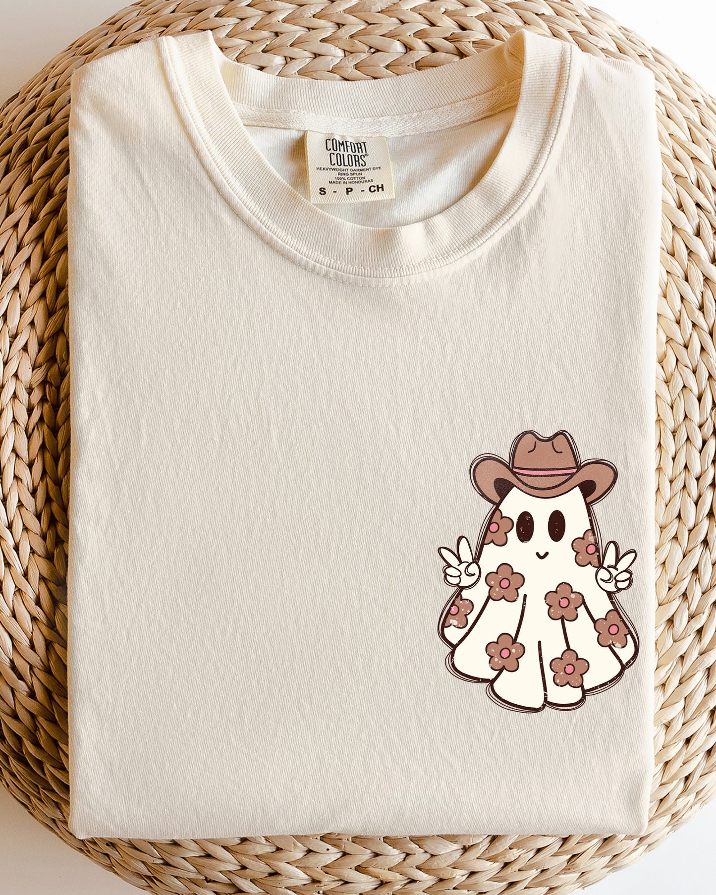 Cute Flower Ghost Cowboy Cowgirl Pocket Print Halloween Peace Shirt Comfort Colors T-Shirt