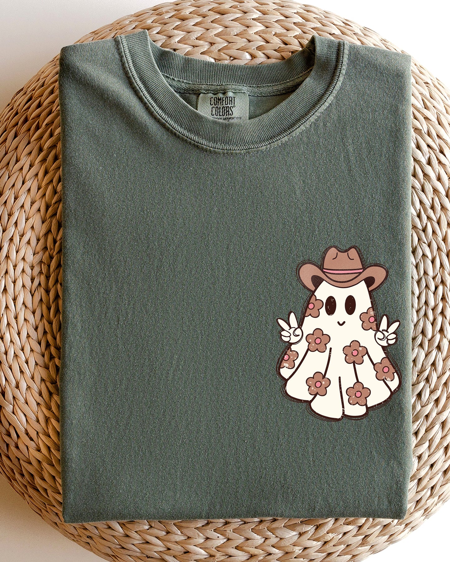 Cute Flower Ghost Cowboy Cowgirl Pocket Print Halloween Peace Shirt Comfort Colors T-Shirt