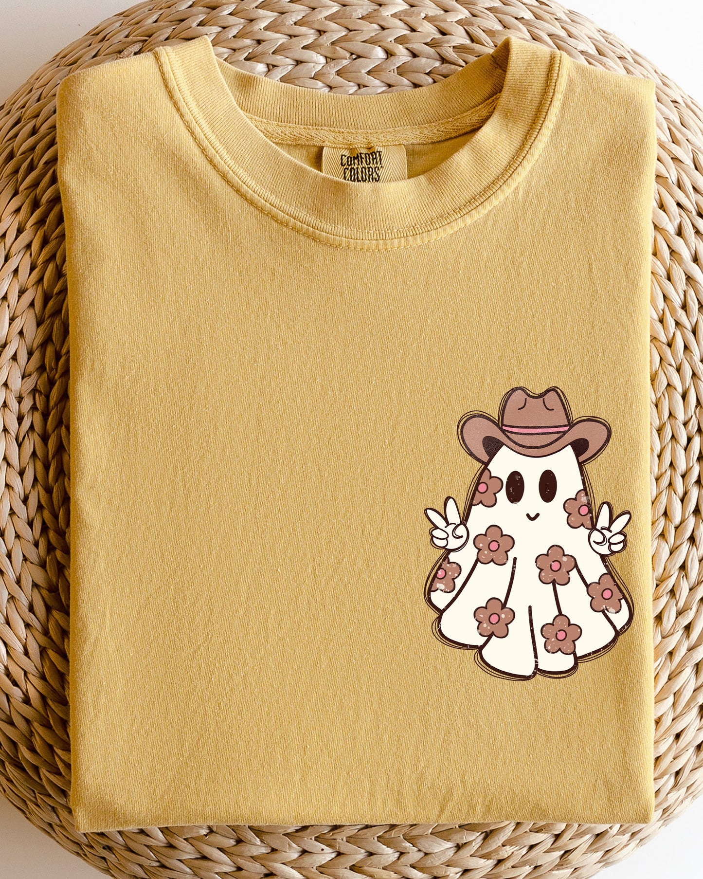 Cute Flower Ghost Cowboy Cowgirl Pocket Print Halloween Peace Shirt Comfort Colors T-Shirt