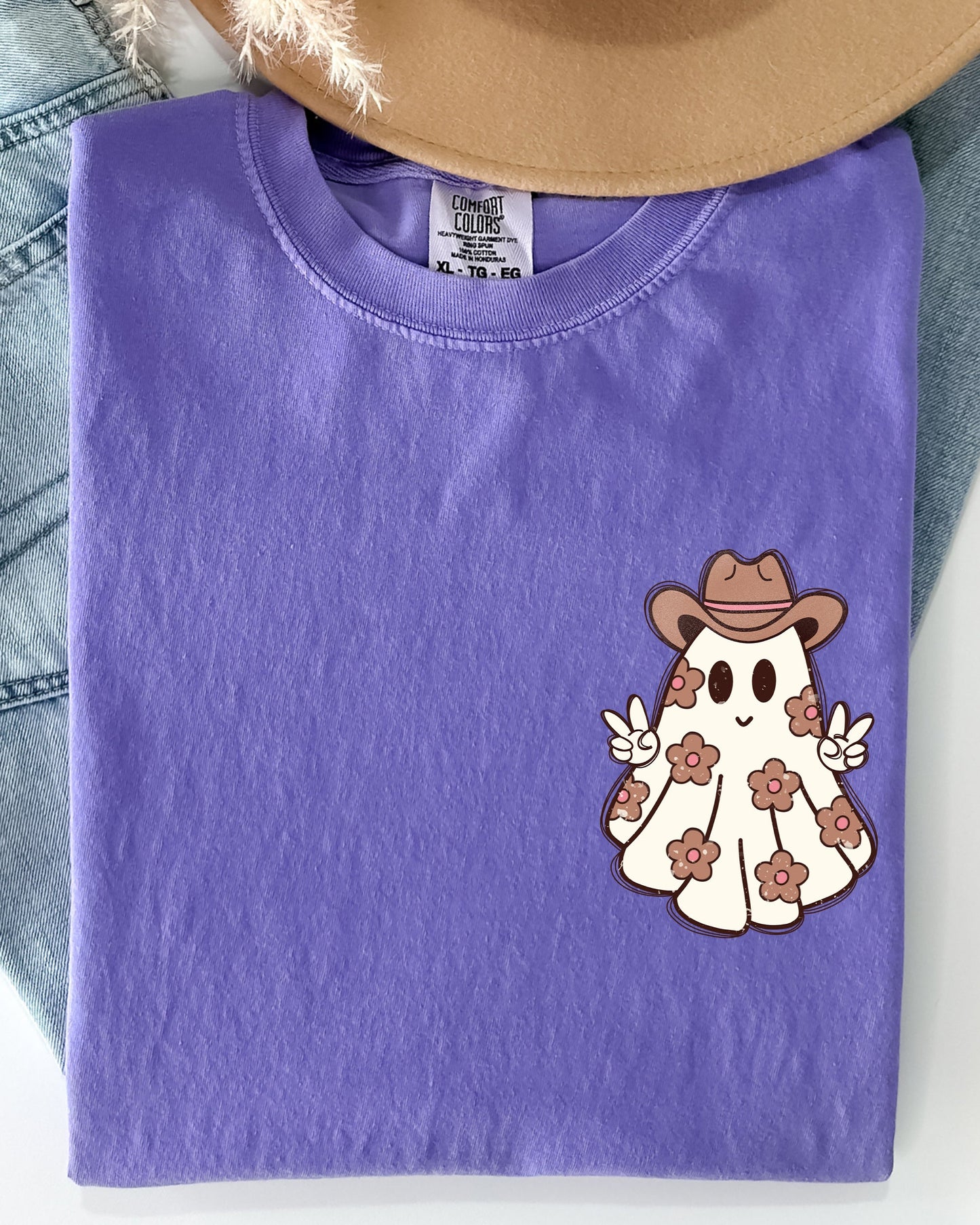 Cute Flower Ghost Cowboy Cowgirl Pocket Print Halloween Peace Shirt Comfort Colors T-Shirt